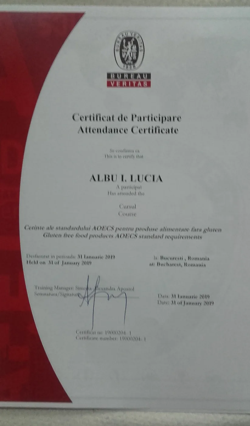 Certificat de participare Bureau Veritas 2019 — cerințe AOECS produse fără gluten
