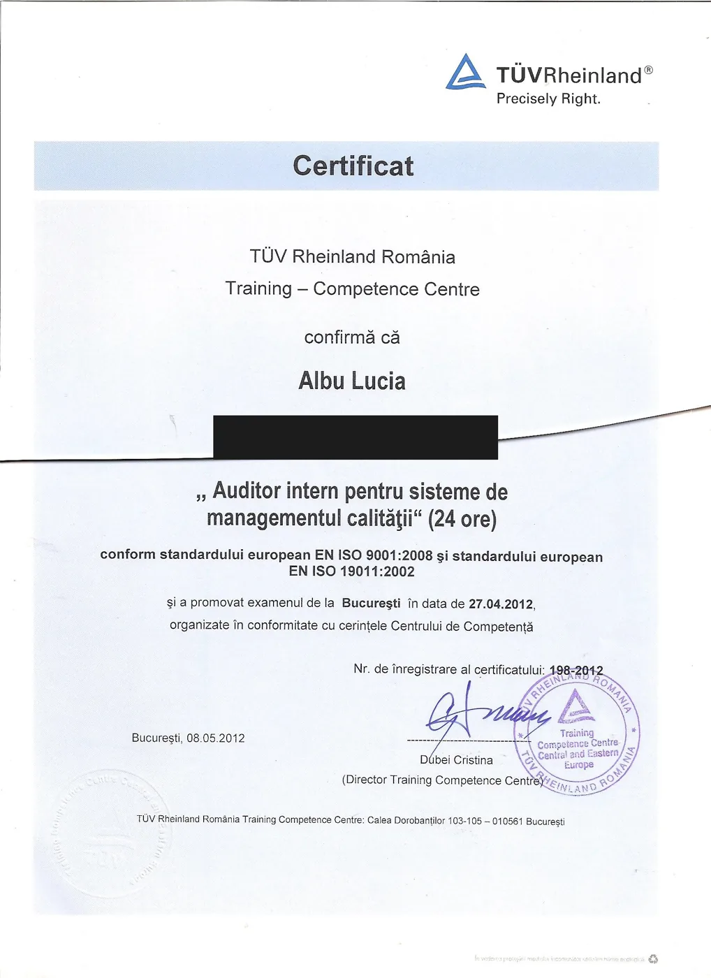 Certificat TÜV Rheinland 2012 — auditor intern sisteme de managementul calității