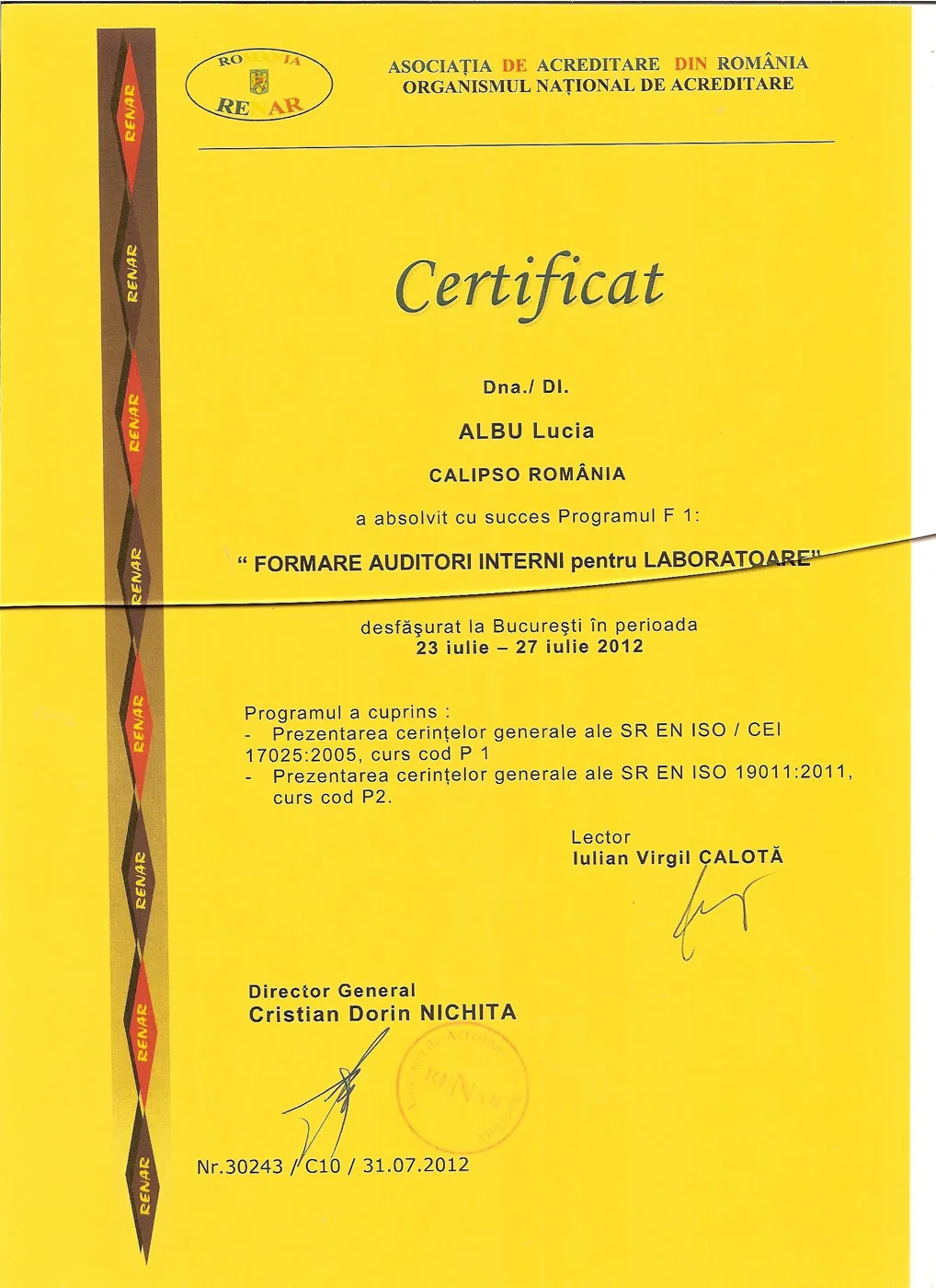 Certificat RENAR 2012 — formare auditori interni pentru laboratoare