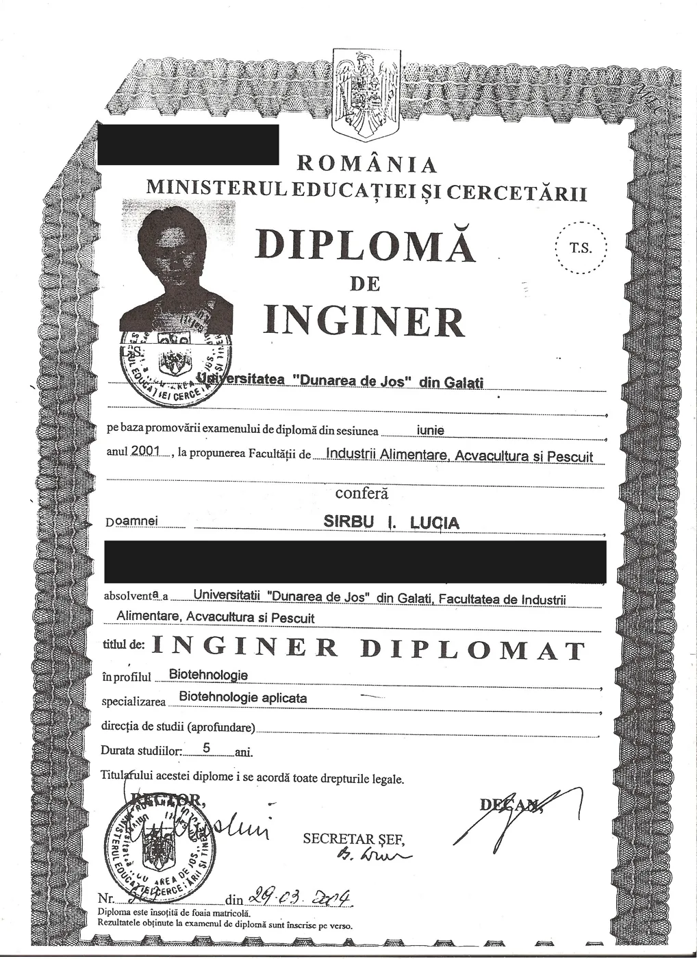 Diplomă de inginer, Universitatea „Dunărea de Jos" Galați, 2001