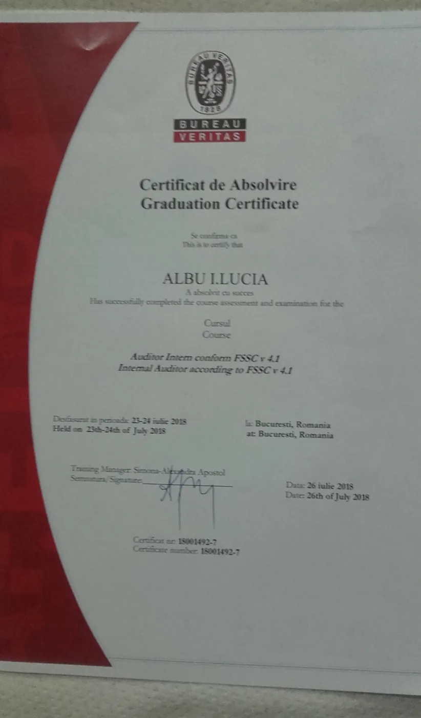 Certificat Bureau Veritas 2018 — auditor intern conform FSSC v4.1