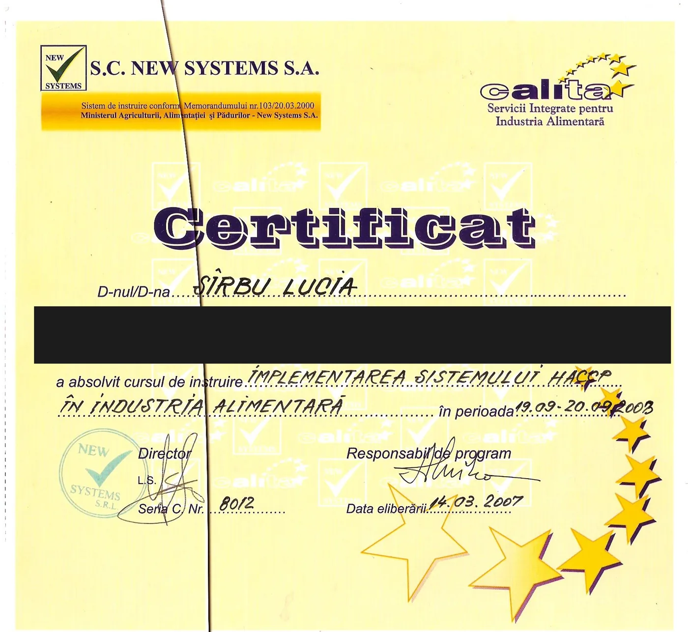 Certificat New Systems — implementarea sistemului HACCP în industria alimentară
