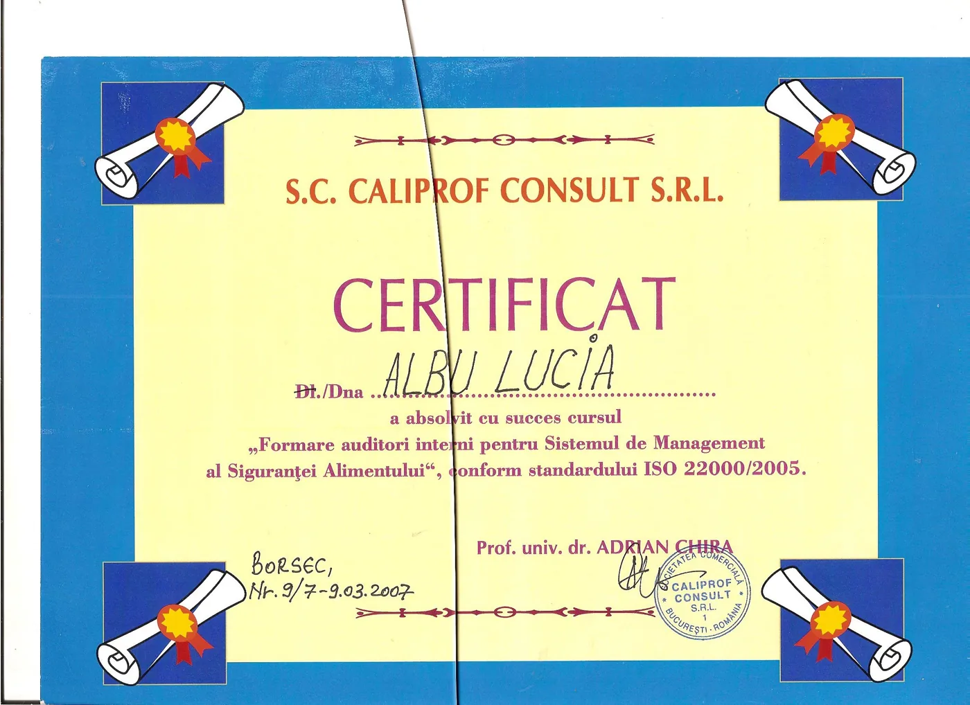 Certificat Caliprof Consult 2007 — formare auditori interni ISO 22000