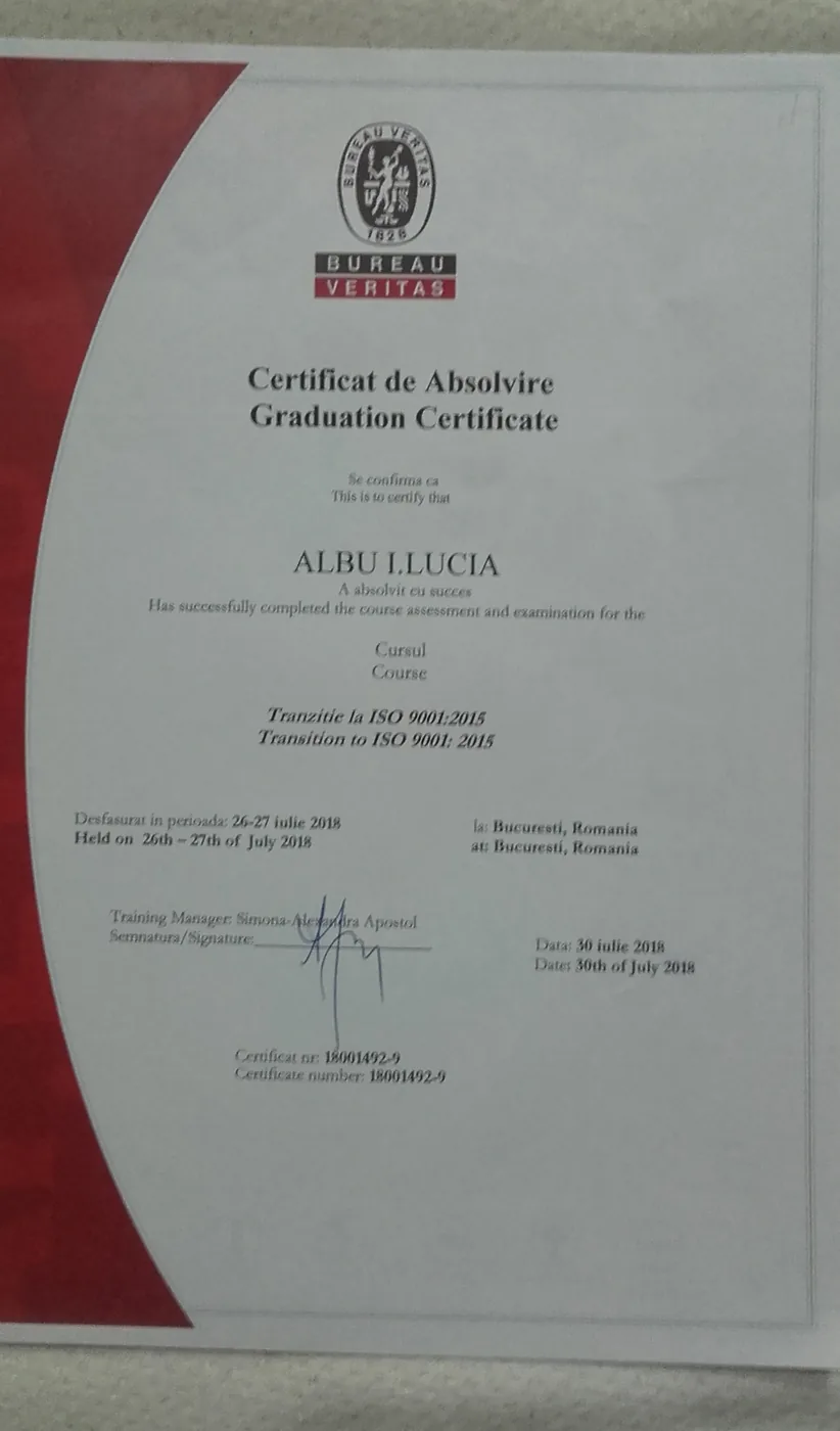 Certificat Bureau Veritas 2018 — tranziție la ISO 9001:2015