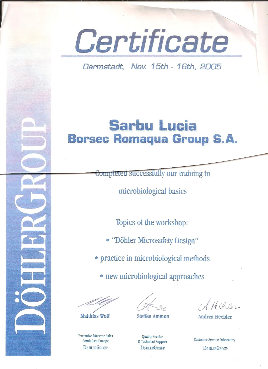 Certificat Döhler Group, Darmstadt 2005 — microbiological basics