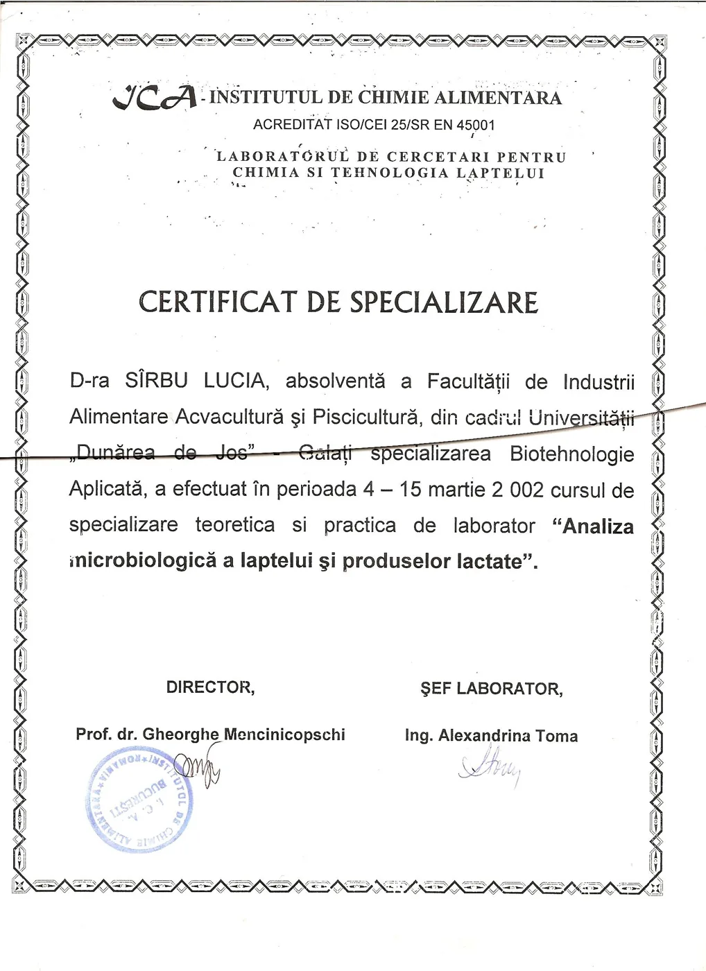 Certificat Institutul de Chimie Alimentară 2002 — analiza microbiologică a laptelui